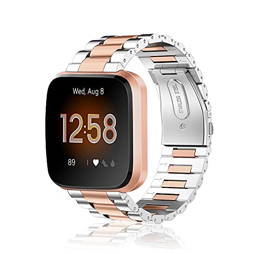 FINTIE Correa Compatible con Fitbit Versa 2/Versa/Versa Lite - Pulsera de Repuesto de Metal de Acero Inoxidable, Plateado+Oro Rosa