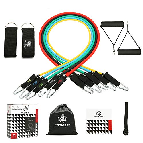 FitBeast Set de Bandas de Resistencia para Bandas para Entrenamiento 11PC con Tubos Resistentes, Manijas de Hule Espuma, Correa para Tobillos, Anclaje para Puerta para Gimnasio en Casa, Terapia Física