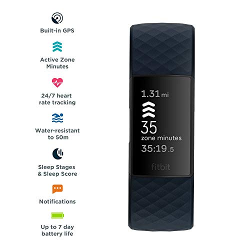 Fitbit Charge 4 Pulsera de actividad premium con GPS integrado, sumergible hasta 50m y 7 dias de batería, Azul (Storm Blue)