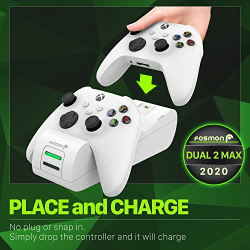 Fosmon Dual 2 MAX Cargador Compatible con Mando Xbox Series X/S (2020), Xbox One/One X/One S Elite Controller, (Doble Estación) Estación de Carga Rápida con 2x 2200mAh Ni-MH Batería Recargable -Blanco