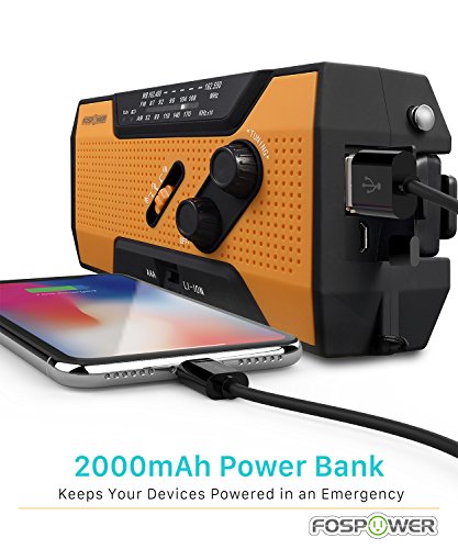 FosPower Radio de Emergencia Portátil con Manivela/carga solar 2000mAh (modelo A1) Batería Externa con SOS alarm, LED flashlight, AM/FM por senderismo y al aire libre