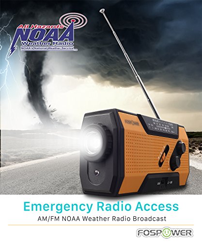 FosPower Radio de Emergencia Portátil con Manivela/carga solar 2000mAh (modelo A1) Batería Externa con SOS alarm, LED flashlight, AM/FM por senderismo y al aire libre