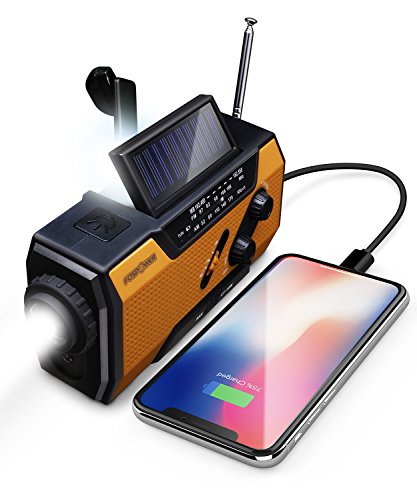 FosPower Radio de Emergencia Portátil con Manivela/carga solar 2000mAh (modelo A1) Batería Externa con SOS alarm, LED flashlight, AM/FM por senderismo y al aire libre