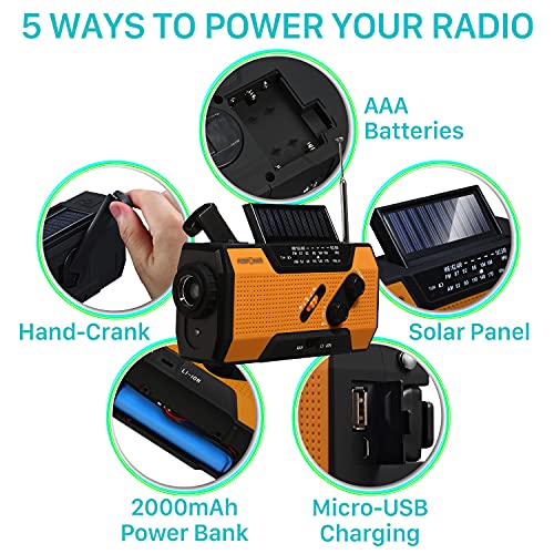 FosPower Radio de Emergencia Portátil con Manivela/carga solar 2000mAh (modelo A1) Batería Externa con SOS alarm, LED flashlight, AM/FM por senderismo y al aire libre