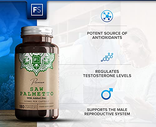 FS Saw Palmetto con Zinc 320mg por Capsula | 180 Capsulas Veganas de Alta Potencia | Serenoa Repens | Saw Palmetto Pelo, Prostata y la Salud Masculina — Sin OGM o Lacteos