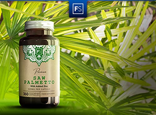 FS Saw Palmetto con Zinc 320mg por Capsula | 360 Capsulas Prostata Veganas de Alta Potencia | Serenoa Repens | Saw Palmetto Pelo y la Salud Masculina — Sin OGM o Lacteos