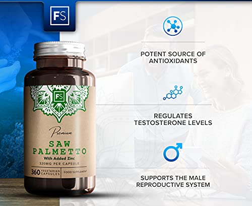 FS Saw Palmetto con Zinc 320mg por Capsula | 360 Capsulas Prostata Veganas de Alta Potencia | Serenoa Repens | Saw Palmetto Pelo y la Salud Masculina — Sin OGM o Lacteos