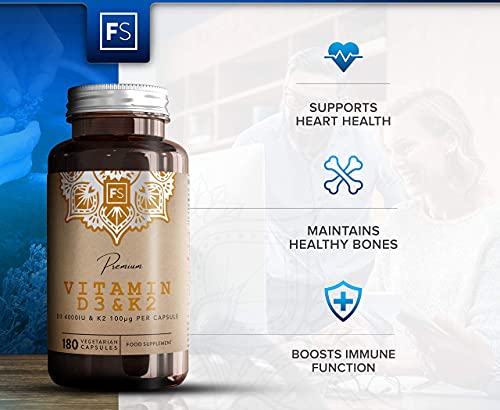 FS Vitamina D3 4000iu y Vitamina K2 100μg Capsulas | 180 Tabletas Veganas de Alta Potencia | Suplemento de Vitamina D3 y K2 | Sin OGM, Gluten, Alergenos o Lácteos