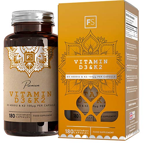 FS Vitamina D3 4000iu y Vitamina K2 100μg Capsulas | 180 Tabletas Veganas de Alta Potencia | Suplemento de Vitamina D3 y K2 | Sin OGM, Gluten, Alergenos o Lácteos