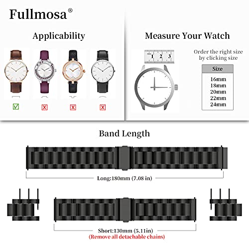 Fullmosa 4 Colores para Correa Metálica de Reloj de Liberación Rápida, Pulsera Reloj de Acero Inoxidable, Negro 20mm
