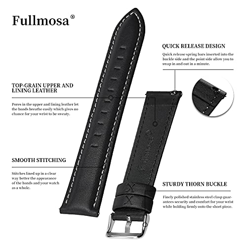 Fullmosa Axus Correa Piel, para Correa Reloj, Huawei Samsung Correa/Banda/Pulsera/Strap 14mm 16mm 18mm 19mm 20mm 22mm 24mm, Negro + Hebilla de Plata, 20mm