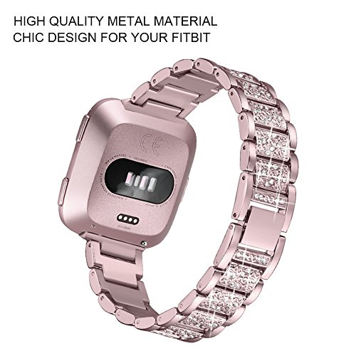 FunBand Correa para Fitbit Versa/Versa 2/Versa Lite para Mujeres, Reloj Reemplazo de Banda Acero Inoxidable Metal Bling con Diamantes para Fitbit Versa/Versa 2/Versa Lite (Rosa)