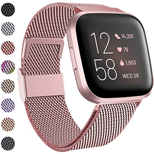 Funbiz Compatible con Fitbit Versa Correa/Fitbit Versa 2 Correa, Correa de Acero Inoxidable Correa de Metal con Cerradura para Fitbit Versa/Versa Lite, Pequeño, Oro Rosa