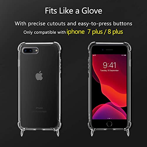 Funda con Cuerda para iPhone 7 Plus / 8 Plus, Carcasa Transparente TPU Suave Silicona Case con Correa Colgante Ajustable Collar Correa de Cuello Cadena Cordón para iPhone 7 Plus / 8 Plus - Oro rosa