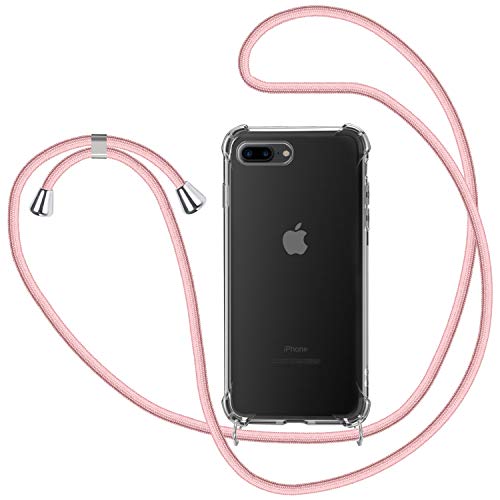 Funda con Cuerda para iPhone 7 Plus / 8 Plus, Carcasa Transparente TPU Suave Silicona Case con Correa Colgante Ajustable Collar Correa de Cuello Cadena Cordón para iPhone 7 Plus / 8 Plus - Oro rosa