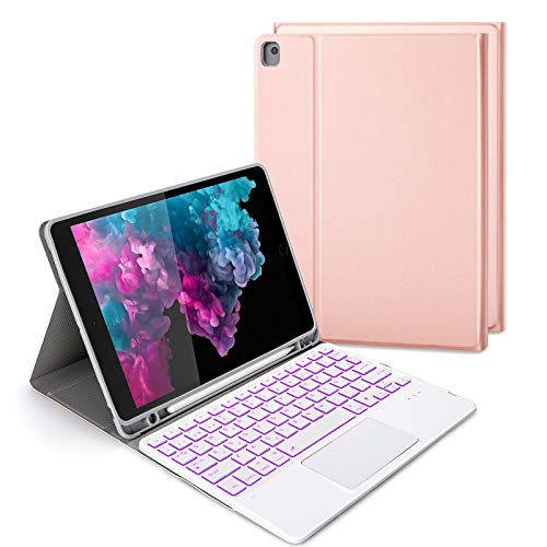 Funda con Teclado Español Trackpad para iPad 10.2 7ª/8ª Generación,iPad Air 3 2019/iPad Pro 10.5 2017, Teclado Desmontable Retroiluminado de 7 Colores, Funda para iPad 10.2 2020/2019, Oro Rosa