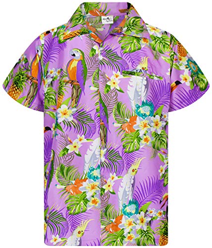 Funky Camisa Hawaiana, Manga Corta, Parrot Cockatoo, Violeta Claro, XS