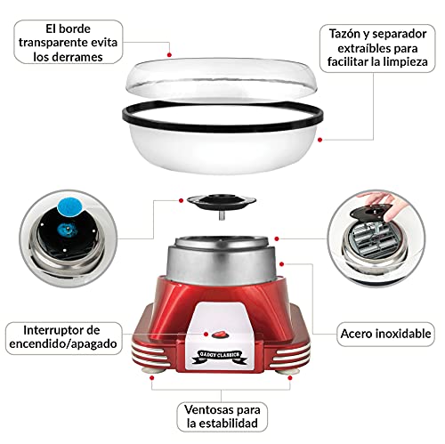 Gadgy ® Maquina de Algodon de Azucar | Retro Cotton Candy Machine | Usar Azúcar Regular de Caramelo Duro Sin Azúcar | 500W Rojo