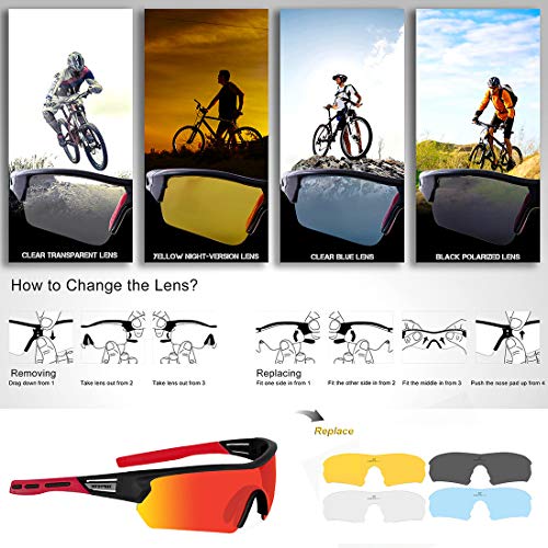 Gafas Ciclismo Polarizadas con 5 Lentes Intercambiables Gafas de Sol Deportivas Antivaho Antireflejo Anti Viento y UV Adaptadas a Deporte Carrera Running Bicicleta MTB para Hombre y Mujer (Rojo)