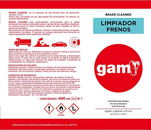 GAM Limpiador De Frenos En Spray. Frenos De Disco, Tambores, Pinzas De Freno y Pastillas. Moto, Coche, Furgoneta, Caminón y Maquinaria. Profesional y Doméstico. Spray De 400 ml