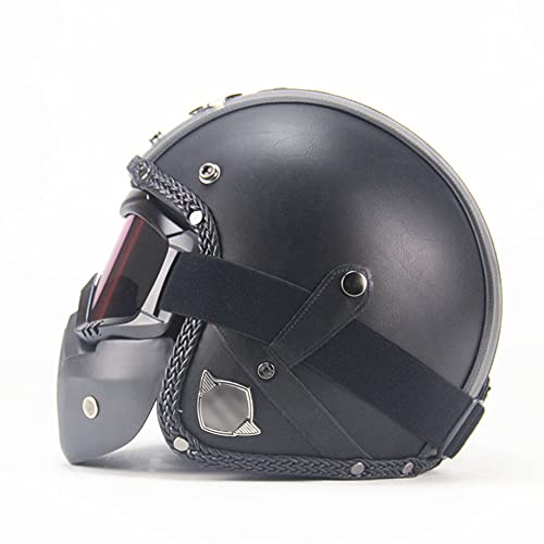 GAOZHE Cascos Jet Cascos de Moto Adultos Hombres, Cuero de PU Cascos 3/4 Cascos Vintage Motocicleta 3/4 Jet Half Casco y Máscara, Cruiser Chopper Scooter, ECE Aprobado