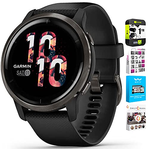 Garmin 010-02430-01 Venu 2S Fitness Smartwatch Slate Bezel with Black Silicone Band Bundle with Tech Smart USA Fitness & Wellness Suite and 1 Year Extended Protection Plan