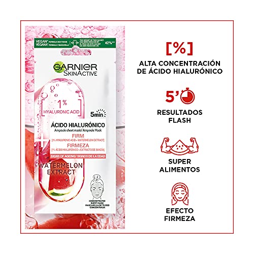 Garnier - Ampoule mask pack x4 mascarilla de tejido reafirmante con ácido hialurónico & sandía y mascarilla de tejido anti fatiga con vitamina cg & piña