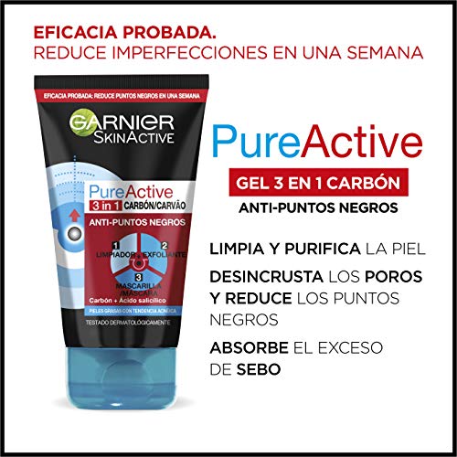 Garnier Skin Active - Pure Active, Gel Limpiador de Poros y Exfoliante Facial con Carbón 3 en 1, 150 ml