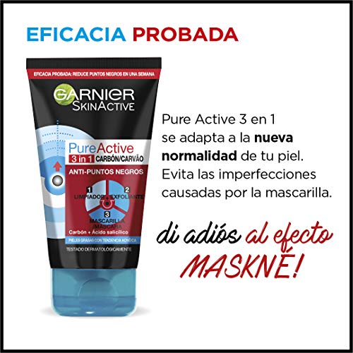 Garnier Skin Active - Pure Active, Gel Limpiador de Poros y Exfoliante Facial con Carbón 3 en 1, 150 ml