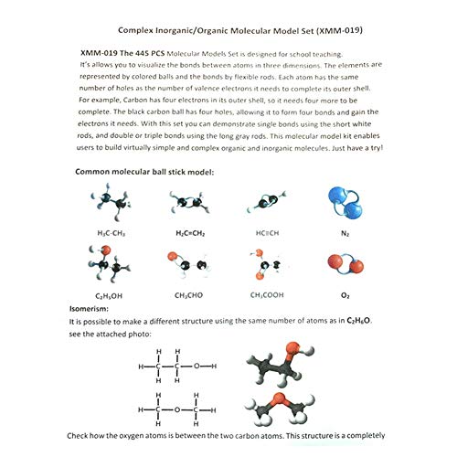 Garosa Kit de Modelo de química Molecular de 125 Piezas, Modelo 54x Atom, Llave de Enlace 70x, Herramienta de Apertura de Llave 1x