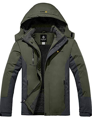 GEMYSE Chaqueta de Esquí Impermeable de Montaña para Hombre Abrigo de Invierno de Lana Antiviento con Capucha (Ejército Verde Gris 83,2XL)