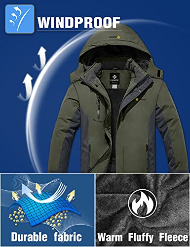 GEMYSE Chaqueta de Esquí Impermeable de Montaña para Hombre Abrigo de Invierno de Lana Antiviento con Capucha (Ejército Verde Gris 83,S)