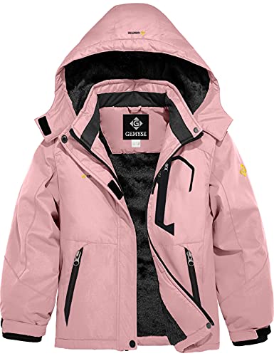 GEMYSE Chaqueta de Esquí Impermeable de Montaña para Niñas Abrigo de Invierno de Lana Antiviento con Capucha (Rosa,10/12)