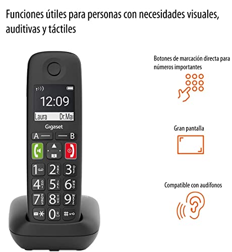 Gigaset E290 - Teléfono Fijo Inalámbrico con Teclas Grandes y Pantalla de Alta Visibilidad, Manos Libres, Compatible con audifonos, 1 Unidad
