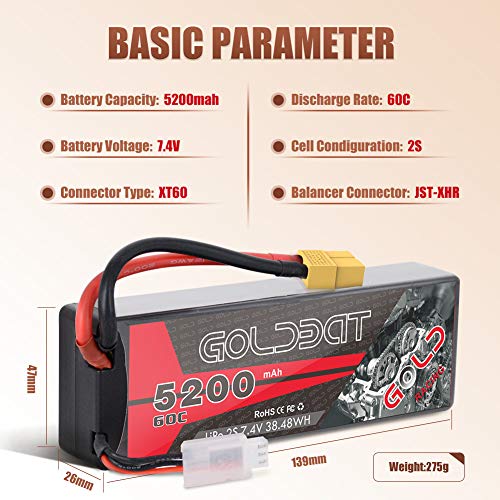 GOLDBAT 7.4V Batería RC 5200mAh 2S 60C RC Lipo Batería con Conector XT60 para RC Car Evader RC Evader Bx Coche Camión Camión Truggy Camión Barco