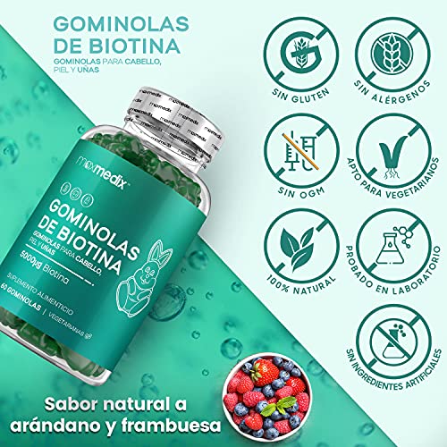 Gominolas De Biotina 5000 mcg Alta Dosis 60 Unidades - Para Crecimiento Cabello, Piel y Uñas, Suplemento con Biotina, Zinc, Ácido Fólico, Vitamina C, A,Vitamina B12, B6, Sabor Arándano y Frambuesa