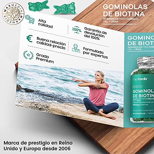 Gominolas De Biotina 5000 mcg Alta Dosis 60 Unidades - Para Crecimiento Cabello, Piel y Uñas, Suplemento con Biotina, Zinc, Ácido Fólico, Vitamina C, A,Vitamina B12, B6, Sabor Arándano y Frambuesa