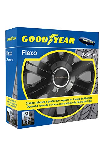 Goodyear 75510 1 Juego de 4 tapacubos Color Negro de 14” con tecnología Flexo y Anillo de sujeción Ajustable, Set de 4