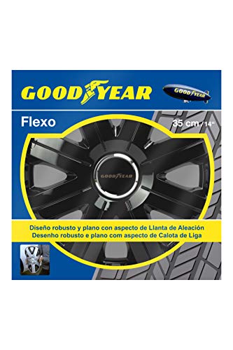 Goodyear 75510 1 Juego de 4 tapacubos Color Negro de 14” con tecnología Flexo y Anillo de sujeción Ajustable, Set de 4