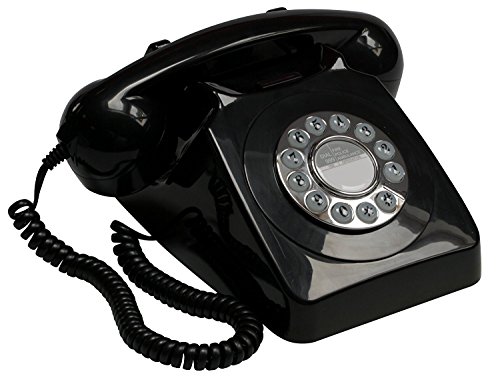 GPO 746 Teléfono fijo de botones con estilo retro de los años 70 - Cable en espiral, timbre auténtico - Negro