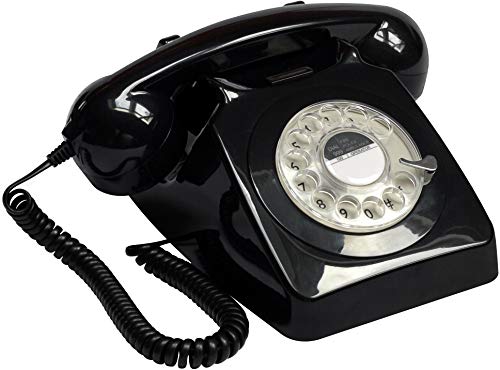 GPO 746 Teléfono fijo de disco con estilo retro de los años 70 - Cable en espiral, Timbre auténtico - Negro