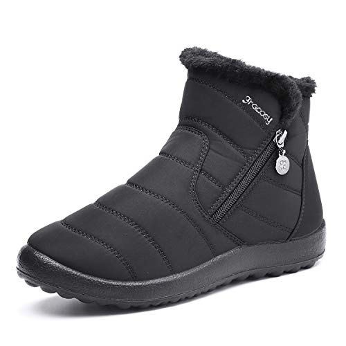 gracosy Botas de Mujer 2021 Otoño Invierno Goma Encaje Forro de Piel Punta Redonda Botas de Nieve Zapatos de Trabajo Formal Calzado Antideslizante Ligero Botines Que Caminan Negro 38