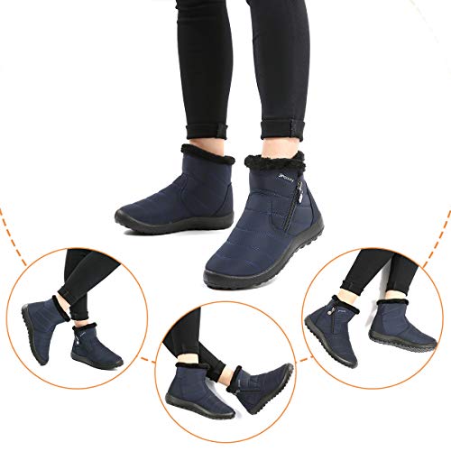 gracosy Botas de Mujer 2021 Otoño Invierno Goma Encaje Forro de Piel Punta Redonda Botas de Nieve Zapatos de Trabajo Formal Calzado Antideslizante Ligero Botines Que Caminan Azul 38