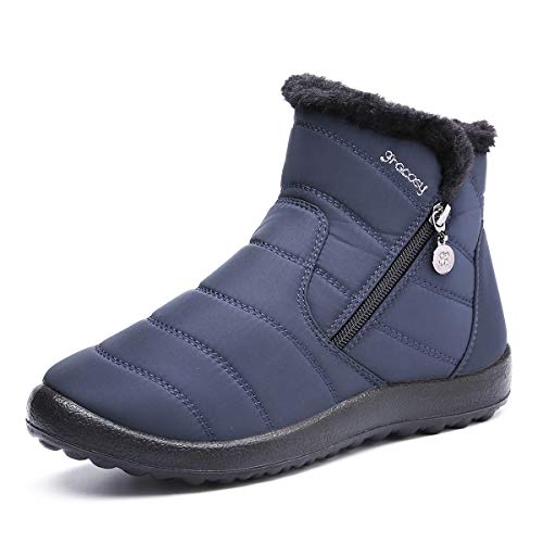 gracosy Botas de Mujer 2021 Otoño Invierno Goma Encaje Forro de Piel Punta Redonda Botas de Nieve Zapatos de Trabajo Formal Calzado Antideslizante Ligero Botines Que Caminan Azul 38