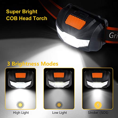 Gritin Linterna Frontal LED, [2 Pack] Linterna Cabeza COB Super Brillante 3 Modos Ligera&Impermeable&Adjustable con 6 Pilas AAA para Niños, Adultos, Correr, Acampar, Caminar, Excursión, Pesca etc.