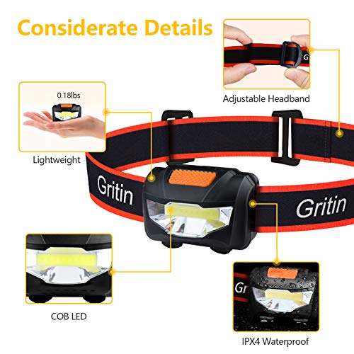 Gritin Linterna Frontal LED, [2 Pack] Linterna Cabeza COB Super Brillante 3 Modos Ligera&Impermeable&Adjustable con 6 Pilas AAA para Niños, Adultos, Correr, Acampar, Caminar, Excursión, Pesca etc.