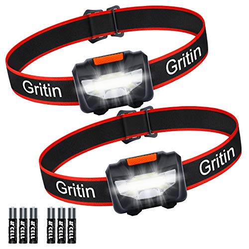 Gritin Linterna Frontal LED, [2 Pack] Linterna Cabeza COB Super Brillante 3 Modos Ligera&Impermeable&Adjustable con 6 Pilas AAA para Niños, Adultos, Correr, Acampar, Caminar, Excursión, Pesca etc.