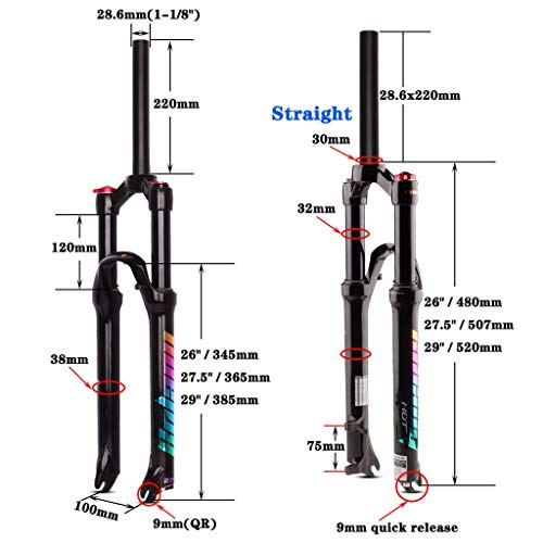 GYWLY Bicicleta Horquilla Delantera 26/27.5/29 Pulgadas MTB 1-1/8", Aleación de Magnesio Horquilla de Aire Viaje: 120mm for MTB Bike, XC Offroad Bikes, Ciclismo de Carretera (Size : 27.5 Inches)