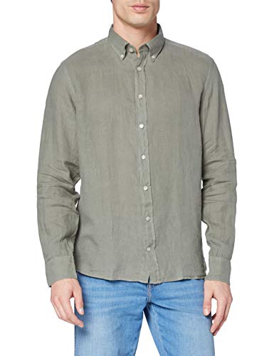 Hackett London Garment Dye Linen BS Camisa, 621 Verde, L para Hombre