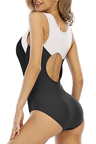 Halcurt Bañador de una pieza para mujer con cremallera de corte alto, espalda descubierta, negro/blanco, XL